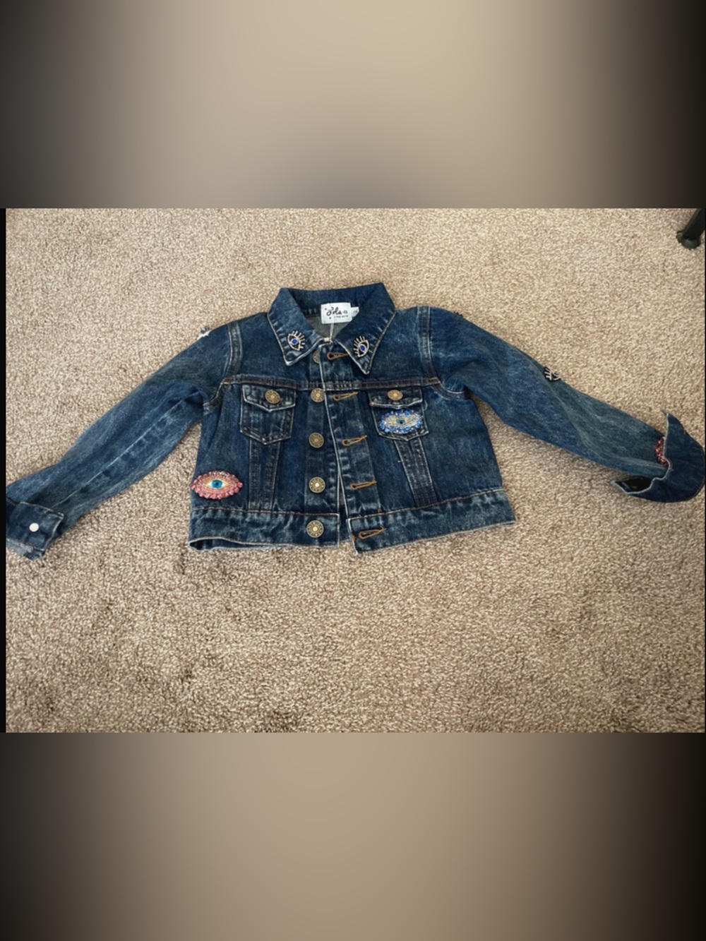Girls' Embellished Dark Blue Denim Jacket